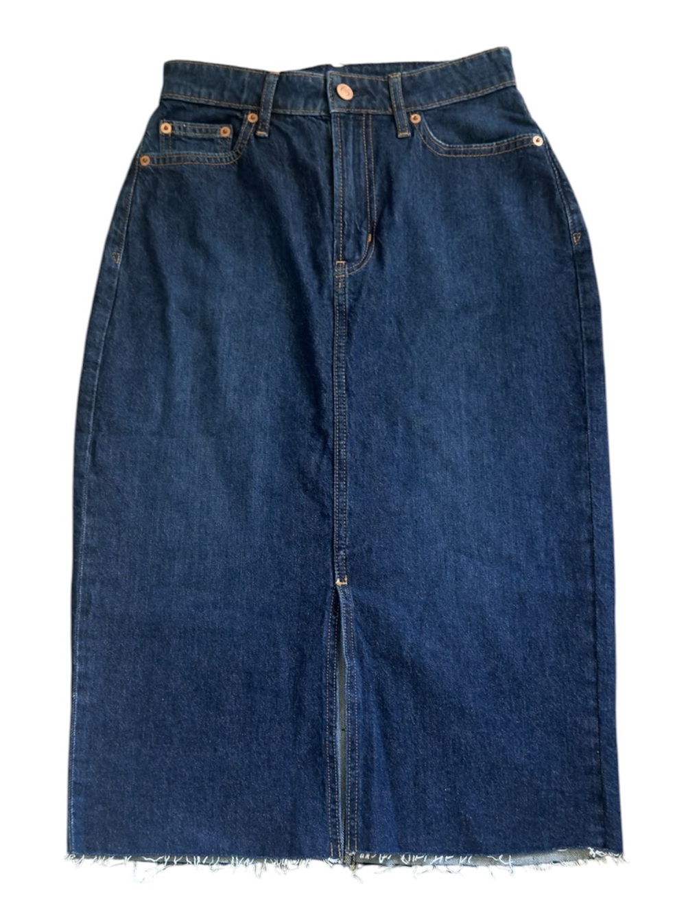 GAP Icon Denim Midi Skirt 26 Dark Wash Raw Hem Front Slit Jean Skirt